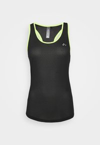 Maglietta senza maniche in rete nera con accenti giallo neon attorno al collo e alle aperture delle braccia. Caratterizzata da una texture traspirante e un design a vestibilità rilassata.