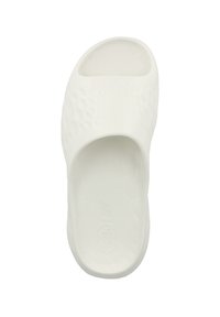 Bílé skluzné sandály s texturovaným svrchním materiálem a otevřenou špičkou. Vyrobeny z měkkého materiálu, s vzorem včelí plástve na podrážce.