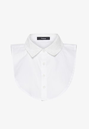 Cămașă cu guler din dantelă, cu front butonat și mâneci scurte. Materialul este neted și ușor.