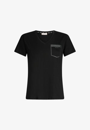 T-shirt nera a scollo a V realizzata in cotone, con tasca a contrasto decorata con strass. Maniche corte e design semplice e aderente.