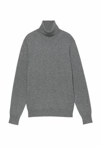 Maglione a collo alto grigio in morbido tessuto a maglia con maniche lunghe e polsini e orlo a coste. Design semplice senza motivi o accenti.