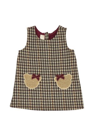 Vestitino senza maniche a quadri marrone e crema per bambini con tasche a forma di faccia di orsetto decorate con piccoli fiocchetti bordeaux.