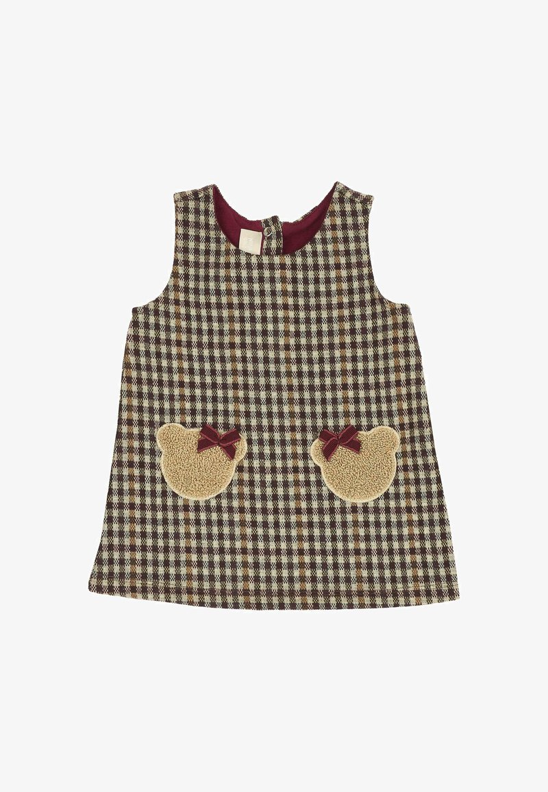 Robe sans manches à carreaux marron et crème pour tout-petit avec des poches en forme de visage d'ours en peluche ornées de petits nœuds bordeaux.