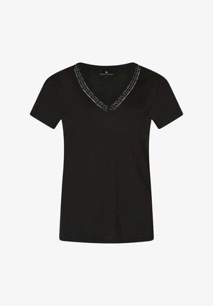T-shirt noir à manches courtes avec décolleté en V, orné de clous en argent le long du décolleté. Tissu doux, coupe décontractée.