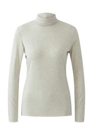 Top à col roulé à manches longues gris clair en tissu doux et légèrement texturé. Design ajusté avec un col haut et des finitions soignées aux manches.