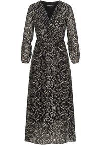 Black and white maxi dress with a wave pattern, v-neck, and long sheer sleeves; cinched waist with a flowing silhouette.
