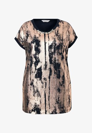 Metallic roségouden top met abstracte zwarte patronen. Korte mouwen, een ronde halslijn en een decoratieve versiering nabij de kraag.