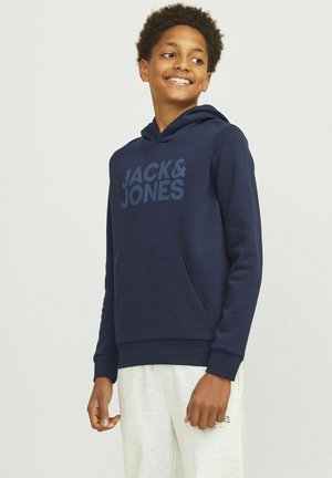 Hoodie bleu marine avec poche kangourou à l'avant, grand logo texte "JACK & JONES", poignets et ourlet côtelés, fabriqué en tissu doux.