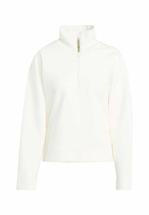 Sudadera blanca de algodón con cuello de media cremallera, mangas largas y corte relajado. Confeccionada en un tejido suave y texturizado. Diseño minimalista.