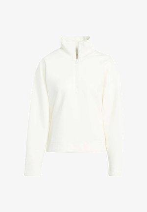 White pullover sweatshirt with a half-zip collar, long sleeves, and a relaxed fit. Made from soft, textured fabric. Minimalist design.