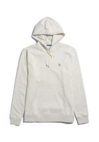 Lichtbeige hoodie van zacht stof, met een trekkoordkap, een kangoeroezak en een klein blauw pinguïn logo op de borst.