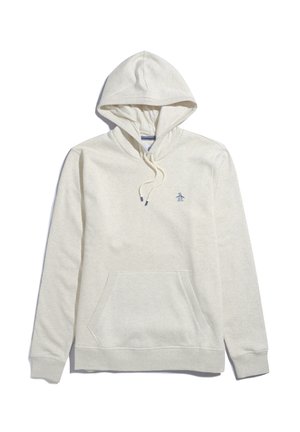 Hellbeige Kapuzenpullover aus weichem Stoff, mit einer Kordelzugkapuze, einer Kängurutasche und einem kleinen blauen Pinguinlogo auf der Brust.