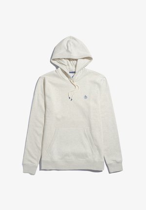 Lichtbeige hoodie van zacht stof, met een trekkoordkap, een kangoeroezak en een klein blauw pinguïn logo op de borst.