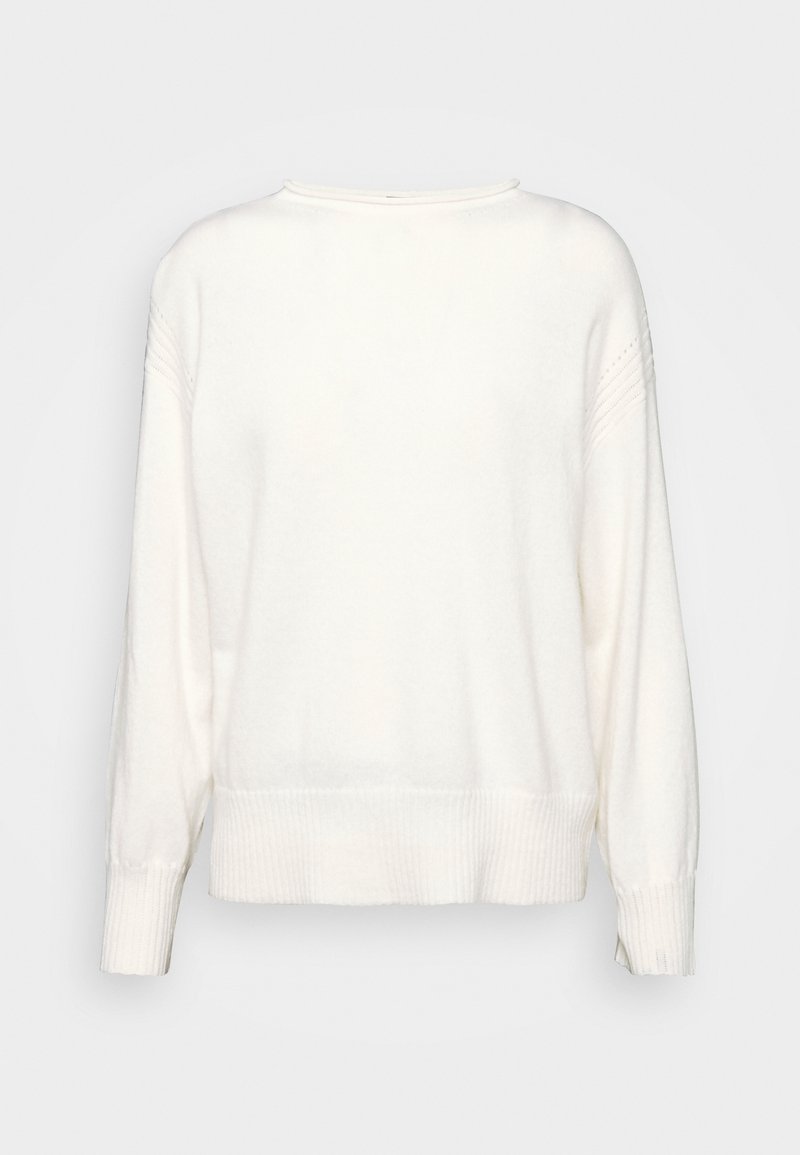 Weißer Pullover mit langen Ärmeln aus weichem Stoff. Verfügt über einen gerippten Saum und Bündchen, mit einem glatten texturierten Körper und einem runden Ausschnitt.