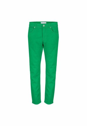 Pantalon slim vert avec fermeture à bouton et zip à l'avant, avec poches avant et passants pour ceinture.
