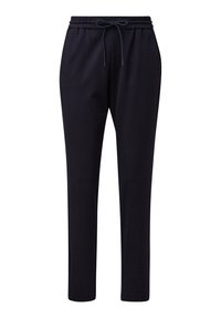 Marineblauwe joggingsbroeken van zacht materiaal; met een elastische tailleband en een trekkoord, en taps toelopende benen met zijnaad.