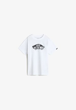 Weißes Baumwoll-T-Shirt mit einem schwarzen Grafikdruck eines Skateboards und dem Text "VANS 'OFF THE WALL'" darüber. Kurze Ärmel und runder Ausschnitt.