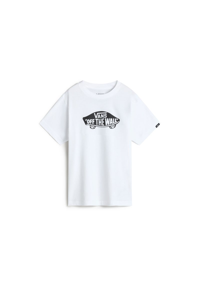 Bílý bavlněný tričko s černým grafikou potisku skateboardu a textem "VANS 'OFF THE WALL'" nad ním. Krátké rukávy a kulatý výstřih.
