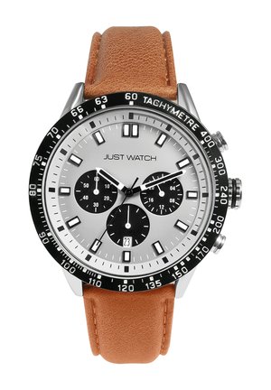 Men's chronograph watch with a silver dial, three black subdials, black bezel, and brown leather strap, featuring luminous hour markers.