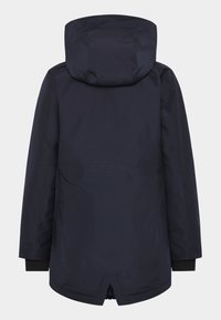 Veste imperméable bleu marine avec capuche, manches longues et fente fendue à l'arrière, vue de dos.