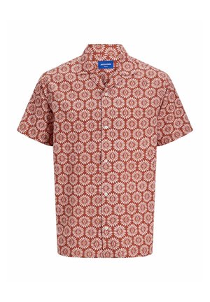 Short-sleeve shirt in rust with a white floral pattern. Button front, classic collar, and soft fabric texture.