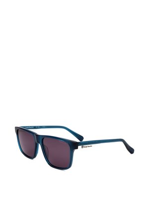 Occhiali da sole rettangolari blu con lenti scure e logo Sergio Tacchini sulla stanghetta su sfondo bianco.
