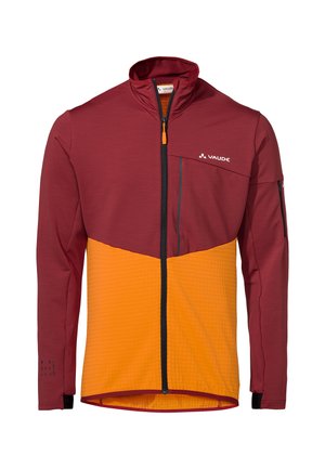 Rote und orange Softshell-Jacke mit durchgehendem Reißverschluss, hohem Kragen, mit Reißverschluss versehenem Brusttasche und strukturiertem unteren Bereich. Geeignet für Outdoor-Aktivitäten.