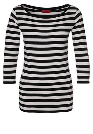 Schwarz-weiß gestreiftes Langarmshirt mit weitem Ausschnitt und figurbetonter Silhouette.