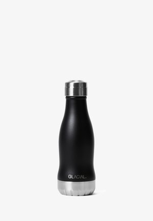 Black insulated stainless steel water bottle with silver cap and base, labeled "Glacial" at the bottom front.