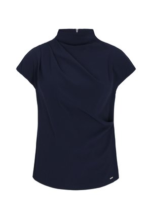 Marineblaue Bluse mit kurzen Ärmeln, hohem Kragen, plisseeartiger Vorderseite und Reißverschluss am Rücken.