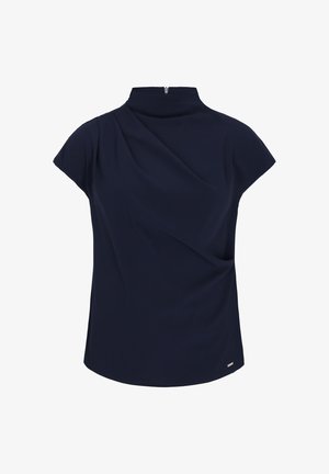 Marineblaue Bluse mit kurzen Ärmeln, hohem Kragen, plisseeartiger Vorderseite und Reißverschluss am Rücken.