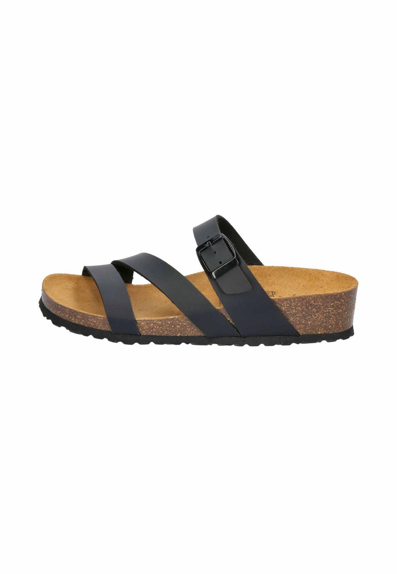 Black patent leather slip-on sandals with two crisscross straps and an adjustable buckle, featuring a cork footbed and textured rubber sole.