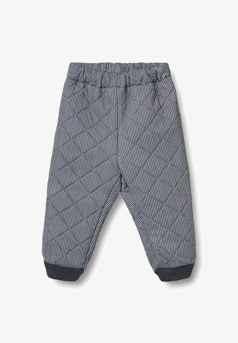 Quiltede, grå stofbukser med diagonale striber, elastisk talje og ribbede ankelmanchetter. Har en behagelig, afslappet pasform.