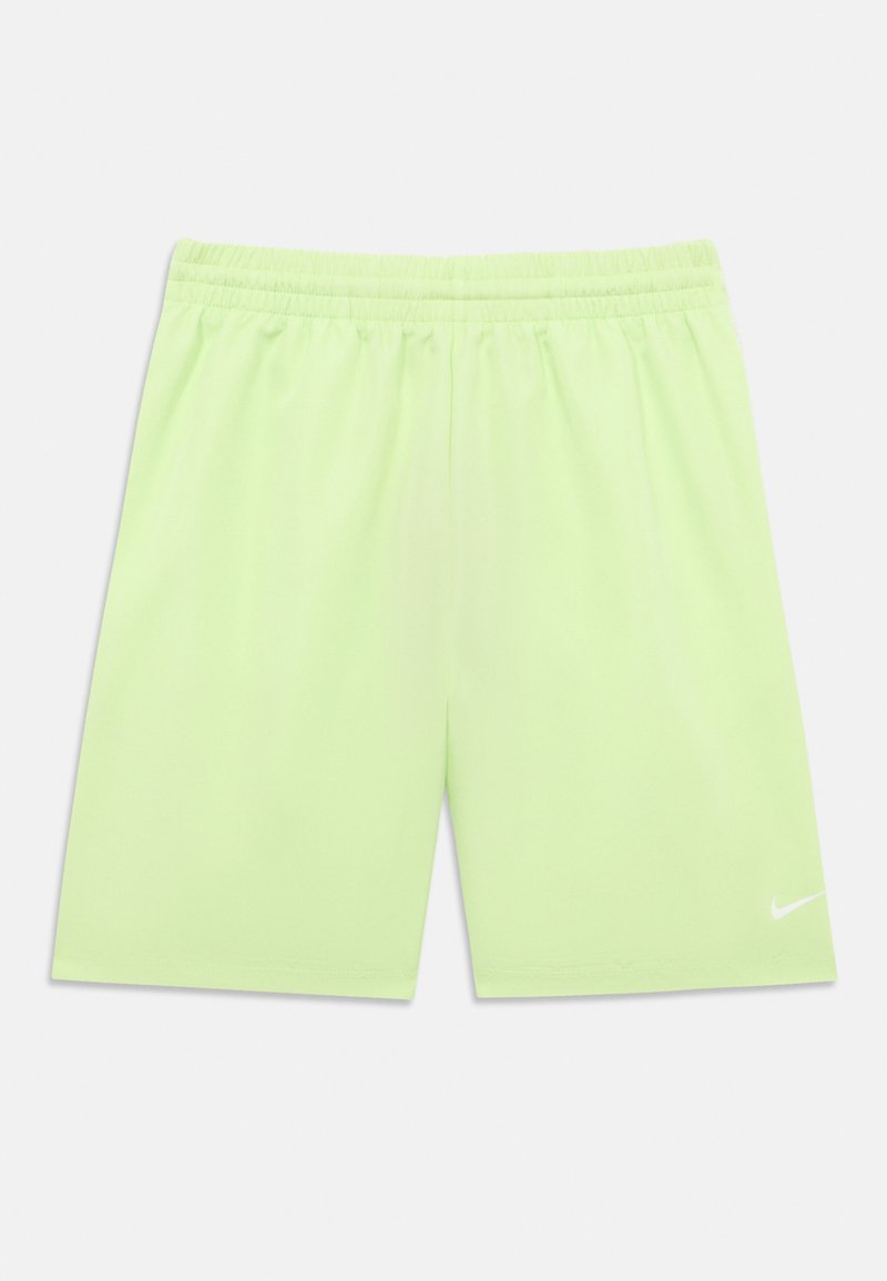 Shorts de sport vert clair avec taille élastique et petit logo Nike en forme de swoosh blanc sur la jambe inférieure droite.