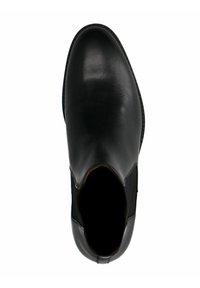Stivale alla caviglia in pelle nera con superficie liscia, pannelli laterali elasticizzati e punta rotonda. La suola è leggermente rialzata e testurizzata.