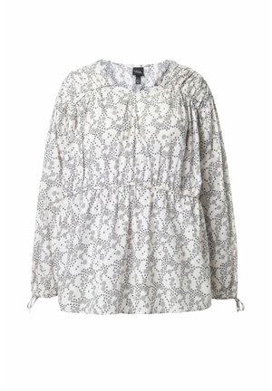 Witte blouse met zwart bloemenpatroon, plooien bij de hals, elastische manchetten en een trekkoord in de taille. Lichtgewicht, iets gestructureerde stof.