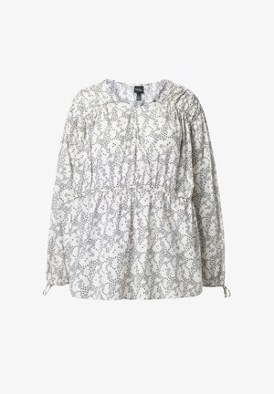 White blouse with black floral print, gathered neckline, elastic cuffs, and a drawstring waist. Lightweight, slightly textured fabric.
