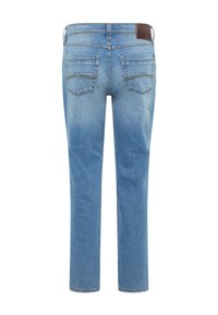 Blue denim jeans with a slightly faded wash, five-pocket design, and leather patch on the waistband. Straight leg cut, no embellishments.