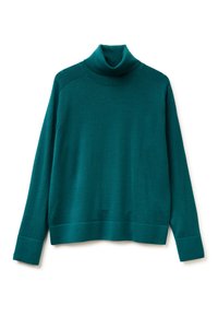 Türkiser Rollkragenpullover aus strukturiertem Strickstoff, mit langen Ärmeln und einer lockeren Passform sowie gerippten Bündchen und Saum.