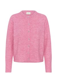 Pink knitted cardigan with a round neckline, button closure, long sleeves, and a soft texture. Features silver buttons along the front.