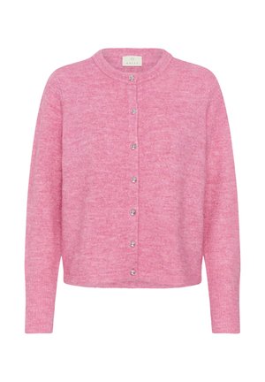 Pink knitted cardigan with a round neckline, button closure, long sleeves, and a soft texture. Features silver buttons along the front.