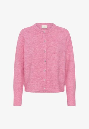 Pink knitted cardigan with a round neckline, button closure, long sleeves, and a soft texture. Features silver buttons along the front.