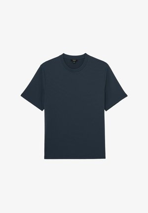 Tricou cu mânecă scurtă, de culoare albastru închis, cu guler rotund. Material texturat, culoare uni, design simplu și clasic, fără modele.