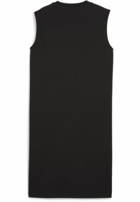 beigalinė juoda suknelė, pagaminta iš minkštos medžiagos, pasižymi tiesia forma ir paprastu dizainu. Nėra matomų raštų ar akcentų.