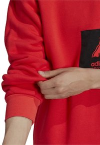 Felpa rossa con un logo nero sulla tasca. I polsini sono a costine; il tessuto appare morbido e texturizzato, con una vestibilità rilassata visibile sulle maniche.