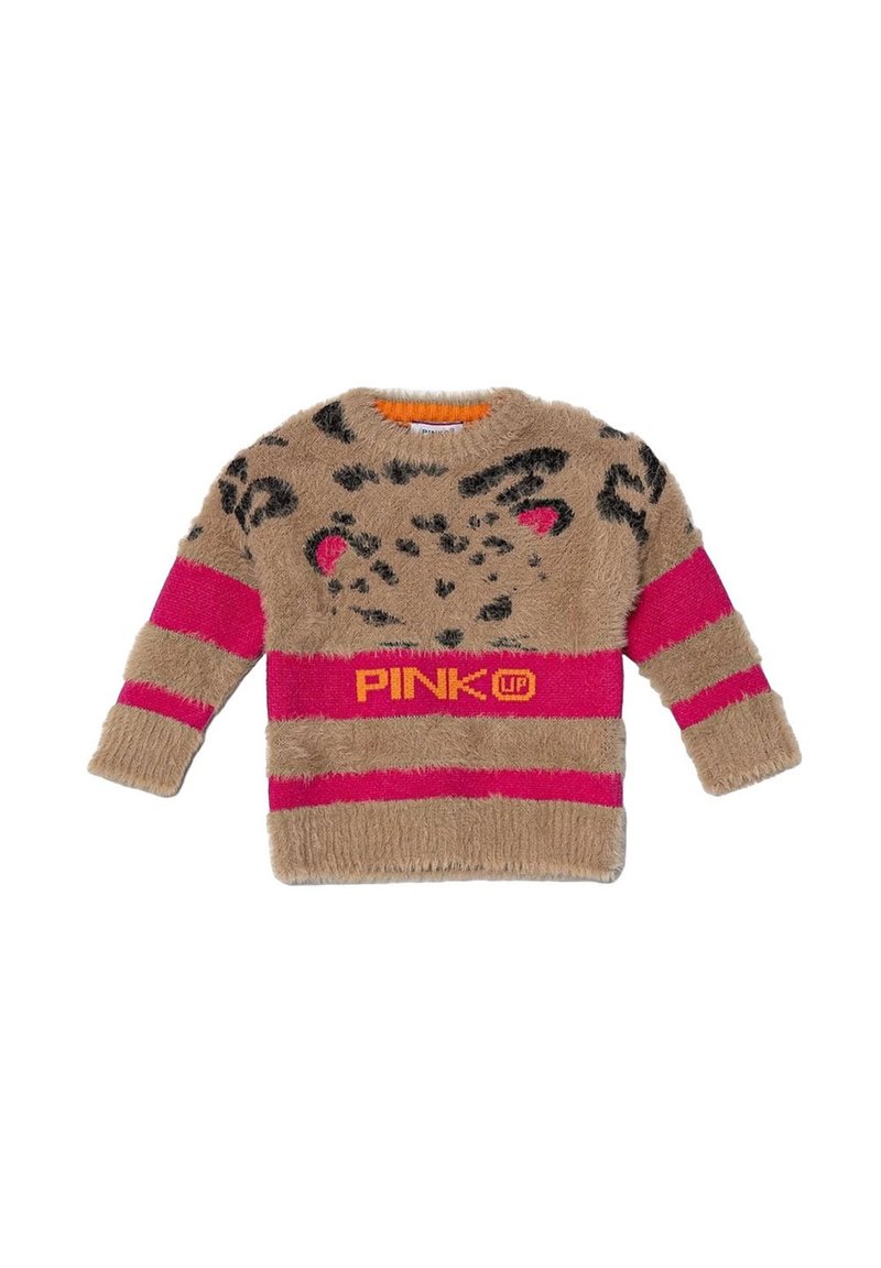Maglione beige fluffy con macchie leopardate nere, strisce rosa vivaci sulle maniche e sul corpo, e testo "PINK UP" in arancione sulla striscia rosa.