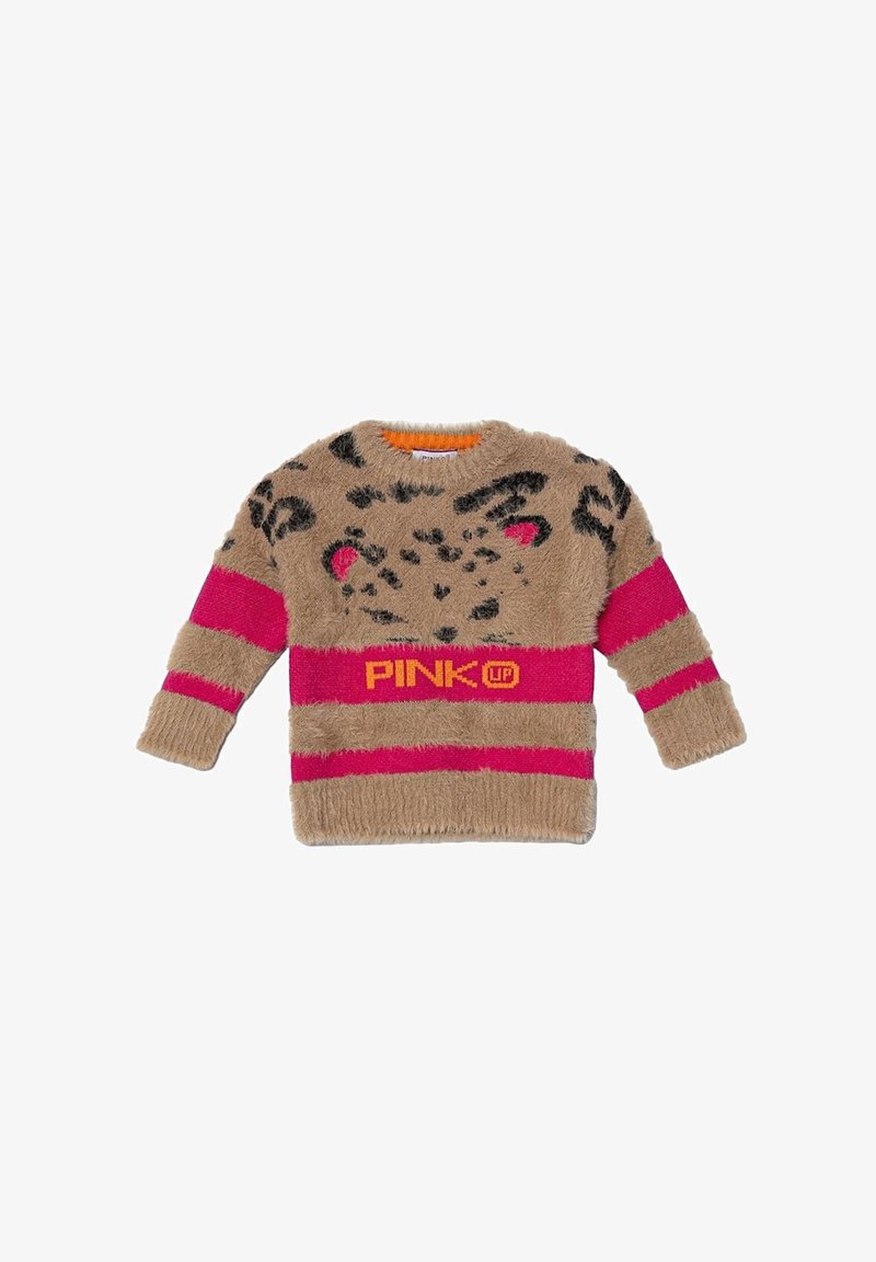 Maglione beige fluffy con macchie leopardate nere, strisce rosa vivaci sulle maniche e sul corpo, e testo "PINK UP" in arancione sulla striscia rosa.