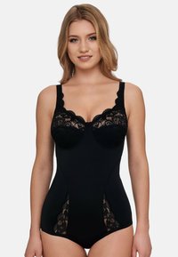 Black shapewear with lace trim on cups and sides, featuring adjustable straps and a smooth texture. Designed for a supportive fit.