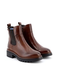 Stivali ankle in pelle marrone con pannelli laterali elasticizzati, punta rotonda, suola in gomma testurizzata e linguette per una facile vestibilità.