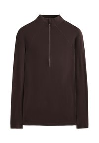 Pullover marrone a maniche lunghe con colletto a mezza zip, tessuto texturizzato e maniche raglan, dotato di un design aderente e dettagli delle cuciture minimi.